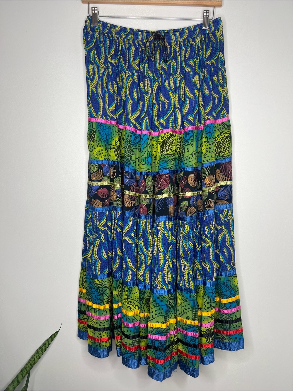Boho Beaded Waist Tie Long Maxi Skirt Rayon Cottagecore Prairie Festival Size M - Picture 3 of 11